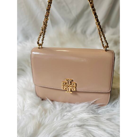 LIMITED SALE $548 Tory Burch Britten Patent Nude Pink Med Shoulder Crossbody Bag - Picture 3 of 8